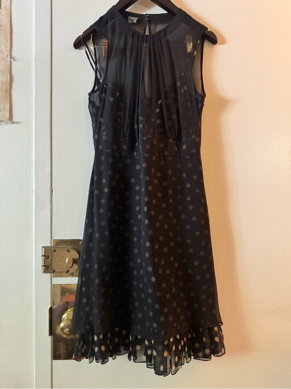 Muse Silk Black Polka Dot Sleeveless A-Line sheer overlay Dress Size 10